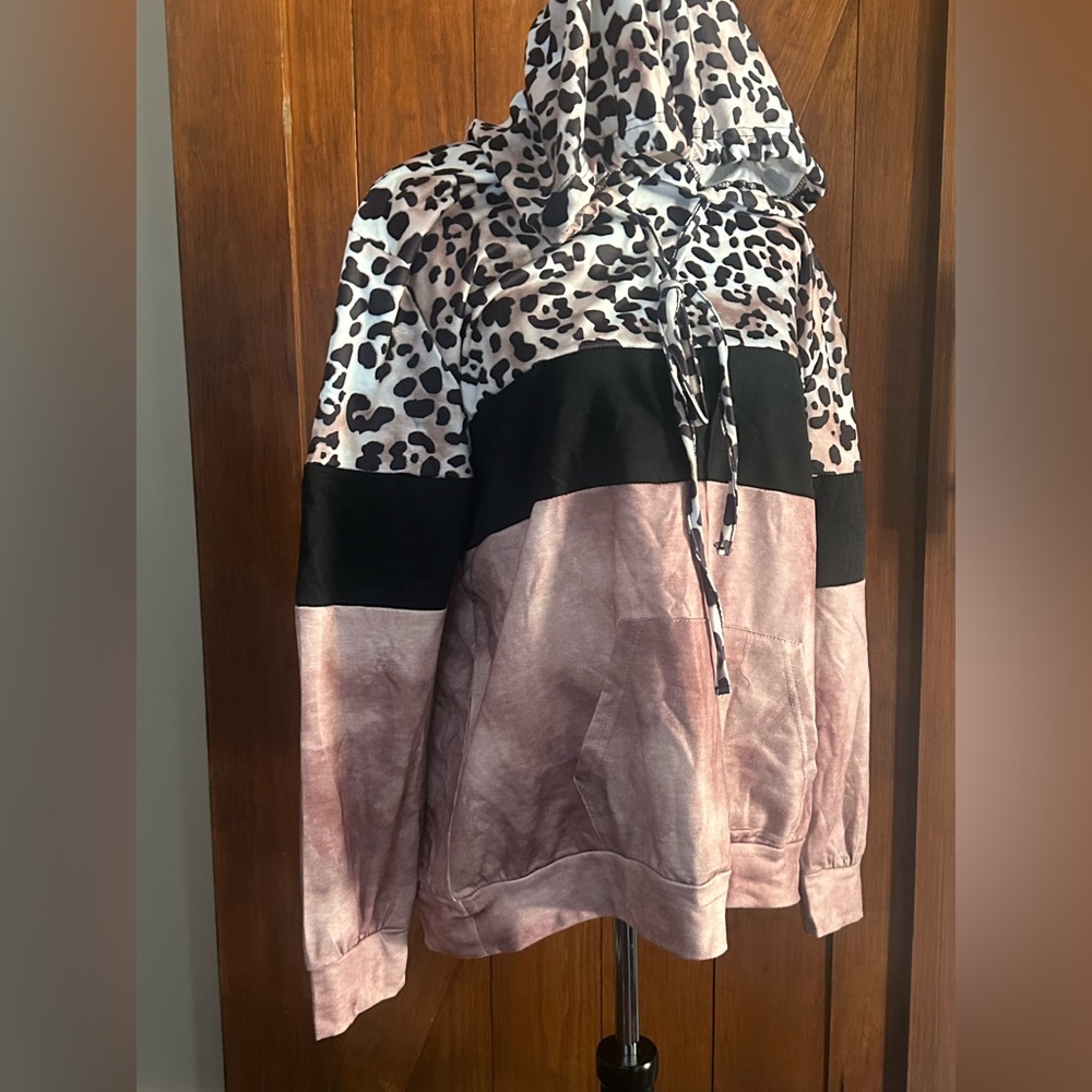 Leopard Print Pink and Black animal print color block hoodie